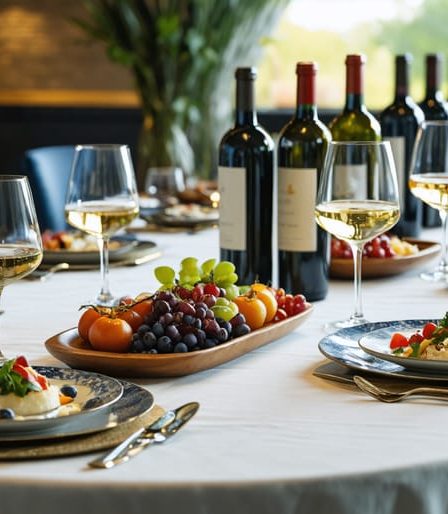 An elegantly set dining table featuring multiple wine glasses, wine bottles, and a variety of plated dishes, showcasing a refined five-course meal experience.