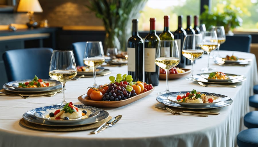 An elegantly set dining table featuring multiple wine glasses, wine bottles, and a variety of plated dishes, showcasing a refined five-course meal experience.