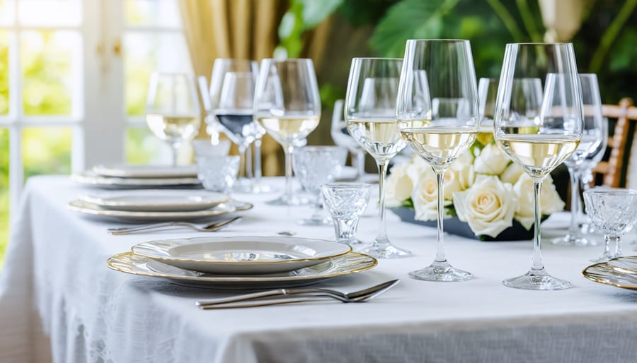 Fine dining table setting with different types of wine glasses arranged for a five-course meal