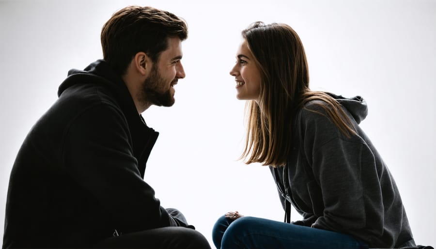 Two partners engaged in intimate conversation, displaying vulnerability and trust