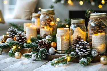 A cozy holiday living room adorned with handcrafted pine cone garlands, vintage ornaments, and illuminated mason jar lanterns, creating a warm and inviting atmosphere.