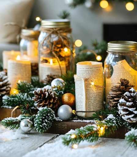 A cozy holiday living room adorned with handcrafted pine cone garlands, vintage ornaments, and illuminated mason jar lanterns, creating a warm and inviting atmosphere.