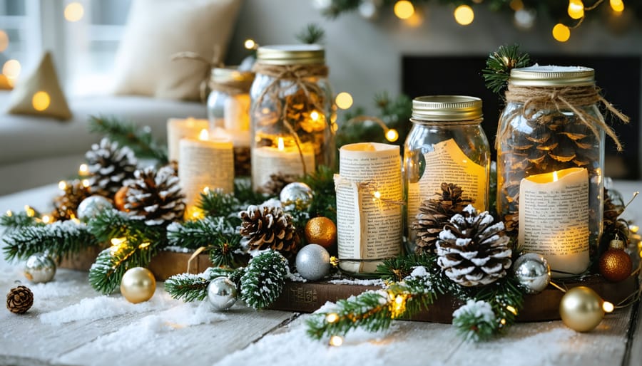 A cozy holiday living room adorned with handcrafted pine cone garlands, vintage ornaments, and illuminated mason jar lanterns, creating a warm and inviting atmosphere.