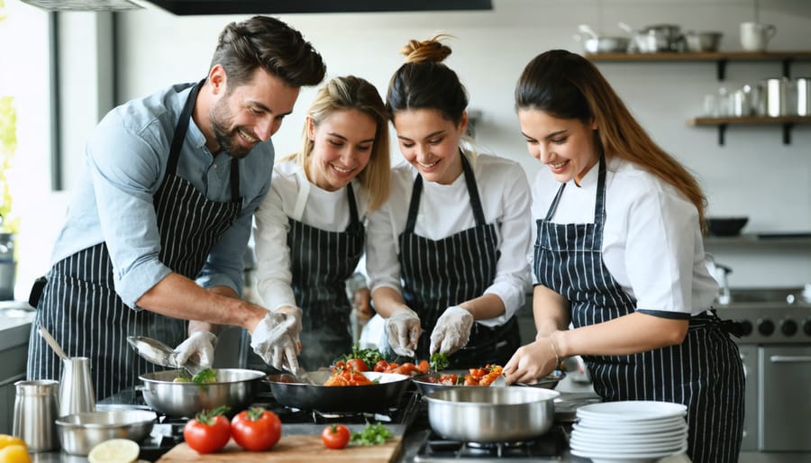 A diverse team of corporate professionals enjoying a hands-on cooking class, collaborating and smiling while preparing dishes in a professional kitchen setting.