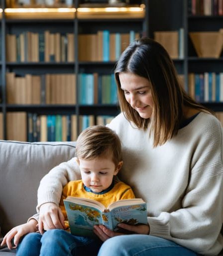 Parent and child sitting together on a couch, surrounded by books, demonstrating a moment of connection and reflection on parenting beliefs.