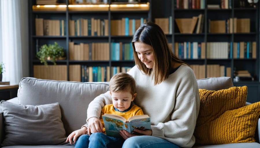 Parent and child sitting together on a couch, surrounded by books, demonstrating a moment of connection and reflection on parenting beliefs.