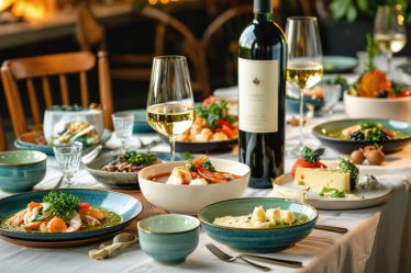 An elegantly set dinner table featuring a bottle and glass of dry Riesling surrounded by an array of international dishes, seafood, and a cheese board.