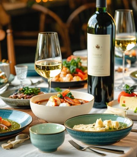 An elegantly set dinner table featuring a bottle and glass of dry Riesling surrounded by an array of international dishes, seafood, and a cheese board.