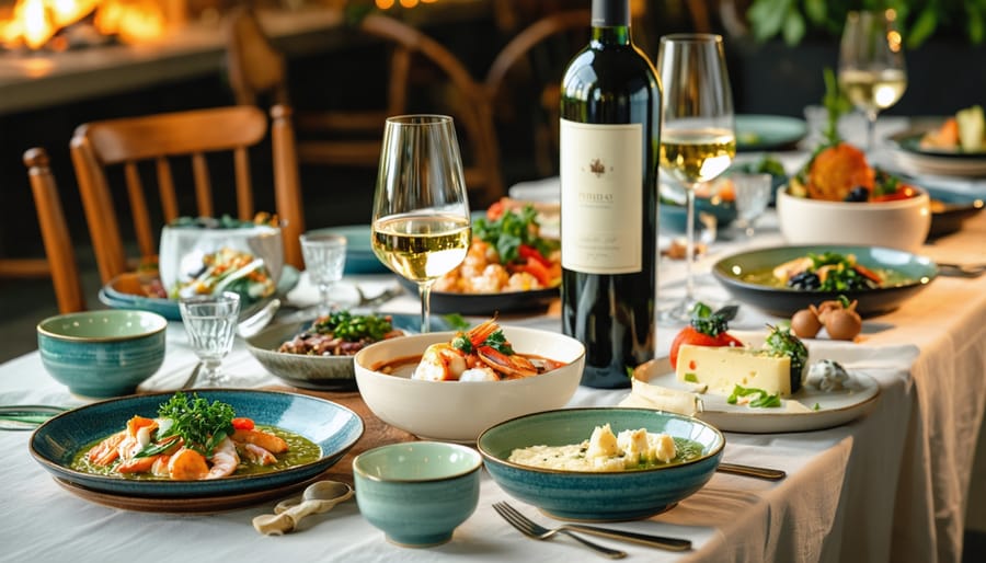 An elegantly set dinner table featuring a bottle and glass of dry Riesling surrounded by an array of international dishes, seafood, and a cheese board.