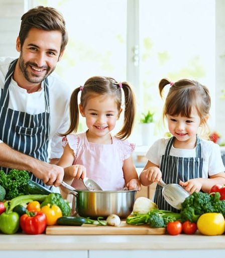 A young family joyfully prepares a healthy meal in the kitchen, surrounded by colorful fruits and vegetables, while children help out enthusiastically.