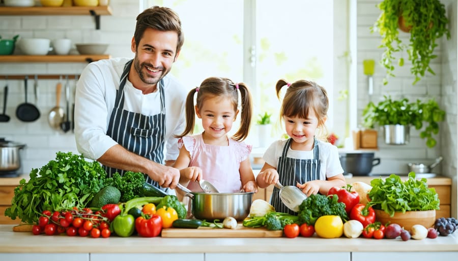 A young family joyfully prepares a healthy meal in the kitchen, surrounded by colorful fruits and vegetables, while children help out enthusiastically.