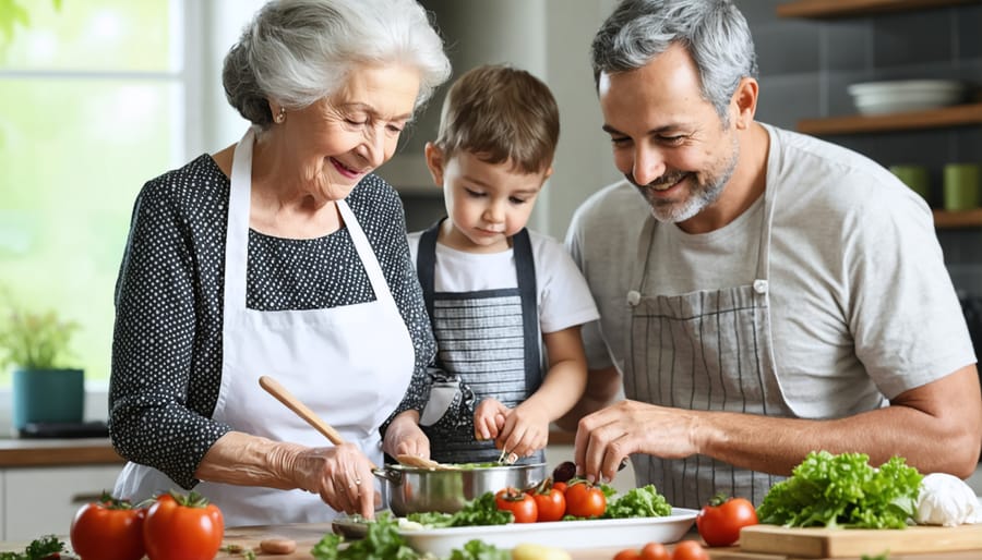 Three generations of family members preparing traditional family recipes together in a kitchen