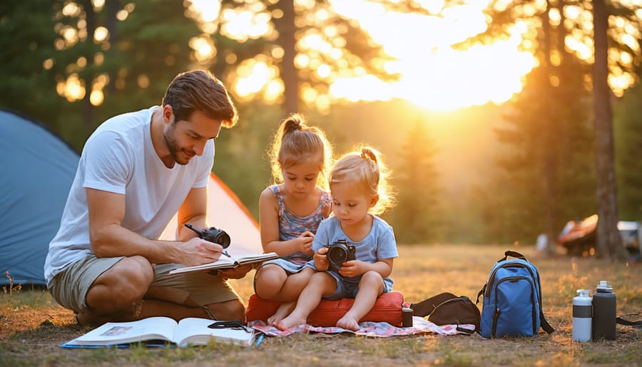 Parents and children documenting their outdoor adventure in a journal while camping