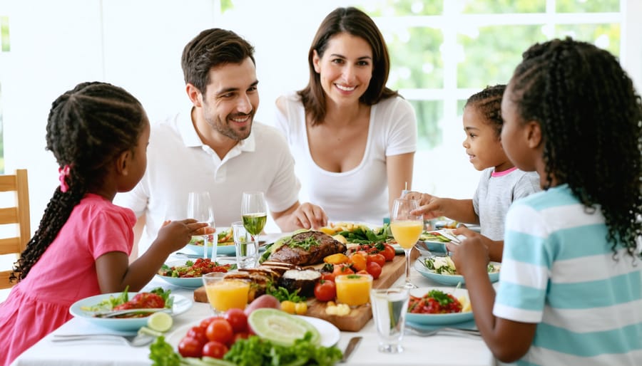 Happy family of four enjoying dinner with colorful, healthy dishes on the table