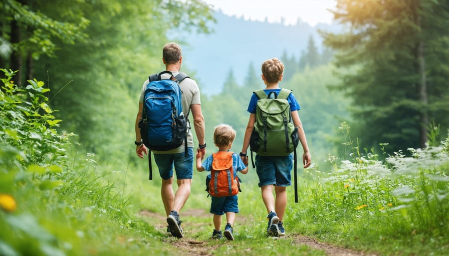 Happy family of four hiking on a forest trail, kids wearing small backpacks