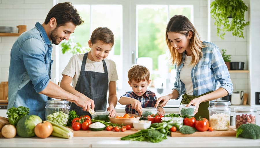 Parents and children meal prepping with zero-waste containers and fresh produce