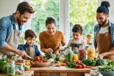 Family of seven collaboratively preparing a meal with reusable containers and fresh produce, illustrating sustainable living practices in a kitchen setting.