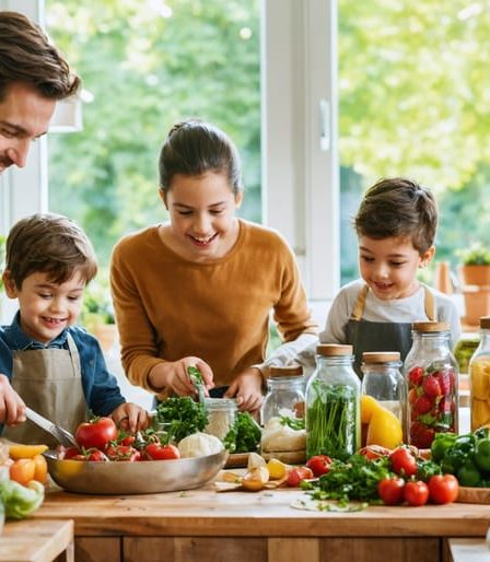 Family of seven collaboratively preparing a meal with reusable containers and fresh produce, illustrating sustainable living practices in a kitchen setting.