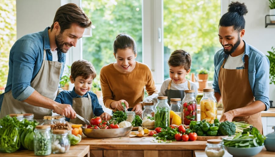 Family of seven collaboratively preparing a meal with reusable containers and fresh produce, illustrating sustainable living practices in a kitchen setting.