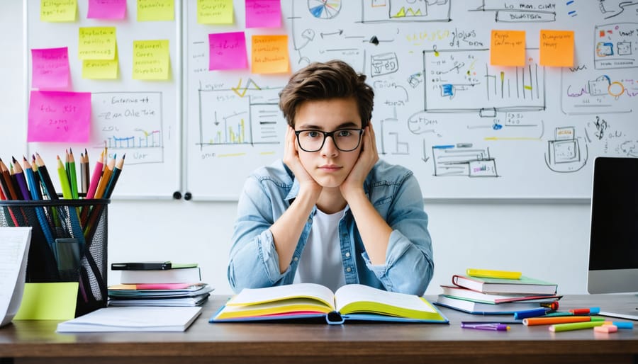 Determined student studying entrepreneurship with a mix of digital and traditional materials, including Quizlet flashcards, in preparation for an FBLA competition.