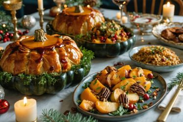 An elegant holiday table showcasing various colorful vegetarian dishes like mushroom Wellington, stuffed butternut squash, and roasted root vegetables, perfect for festive celebrations.