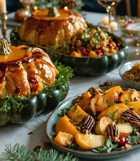 An elegant holiday table showcasing various colorful vegetarian dishes like mushroom Wellington, stuffed butternut squash, and roasted root vegetables, perfect for festive celebrations.