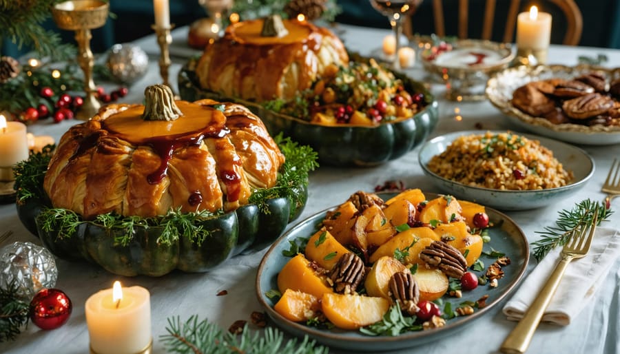 An elegant holiday table showcasing various colorful vegetarian dishes like mushroom Wellington, stuffed butternut squash, and roasted root vegetables, perfect for festive celebrations.