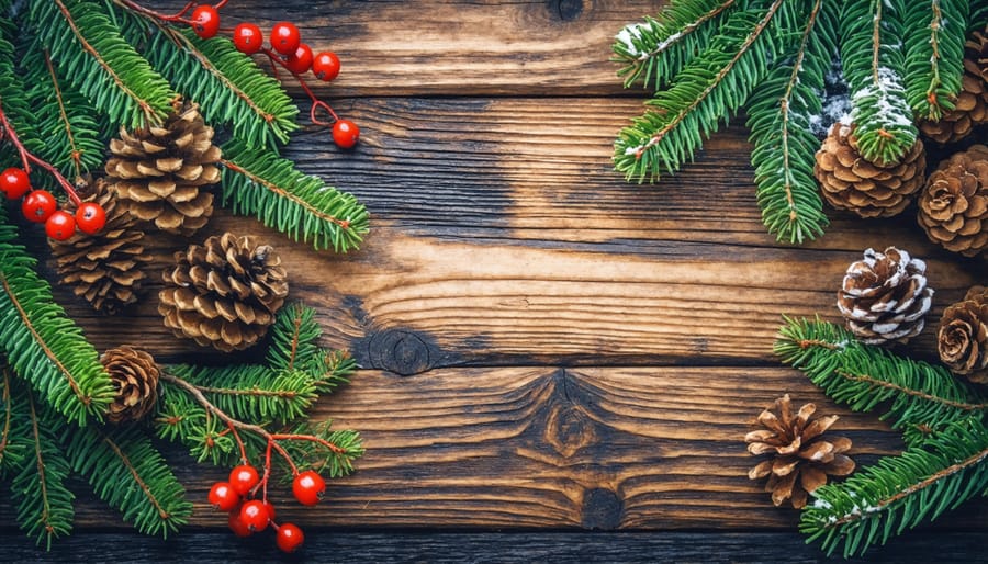 Natural holiday decorative arrangement featuring pinecones, red berries, and pine branches