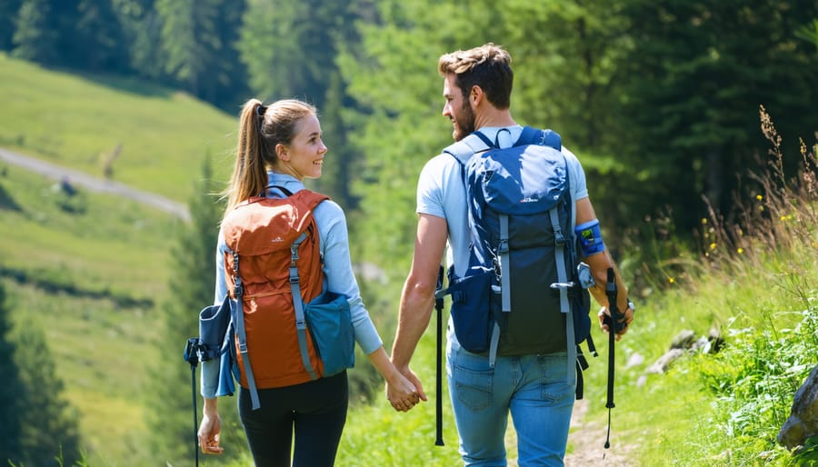 Two women enjoying quality time while hiking on a scenic trail