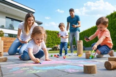 A diverse family enjoying outdoor activities in their backyard, with children chalk-drawing, climbing on natural obstacle structures, and teens taking photos, set against a sunny, clear sky.