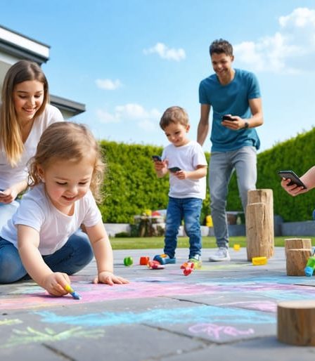 A diverse family enjoying outdoor activities in their backyard, with children chalk-drawing, climbing on natural obstacle structures, and teens taking photos, set against a sunny, clear sky.