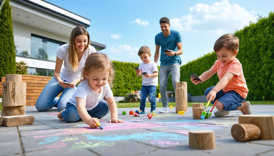 A diverse family enjoying outdoor activities in their backyard, with children chalk-drawing, climbing on natural obstacle structures, and teens taking photos, set against a sunny, clear sky.