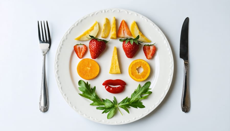 Healthy food arranged as a smiling face with cucumber eyes, carrot nose, and bell pepper smile