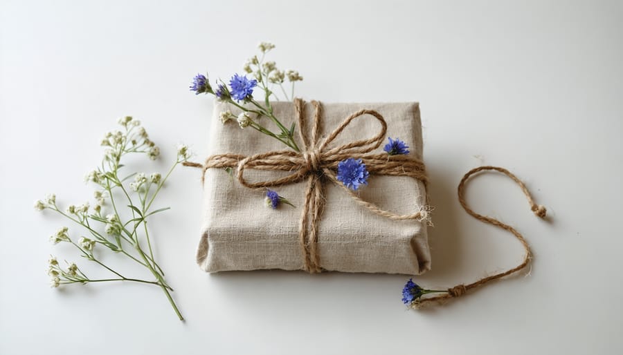 Eco-friendly gift wrapping demonstration using fabric and natural decorative elements