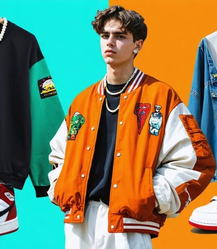 A young man exemplifying Gen Z fashion by wearing an oversized vintage jacket, pearl necklace, and chunky sneakers, representing the blend of retro and modern streetwear influenced by digital platforms.