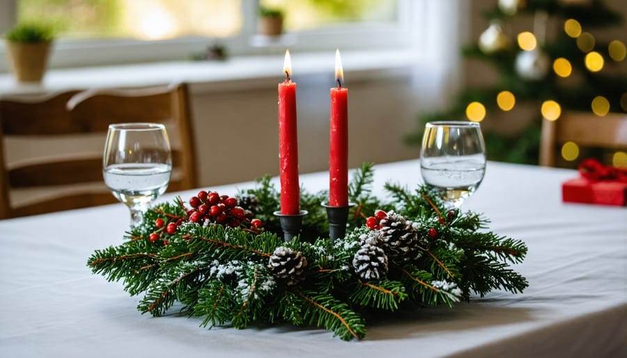 Traditional Advent wreath with pine branches and four red candles, first candle lit