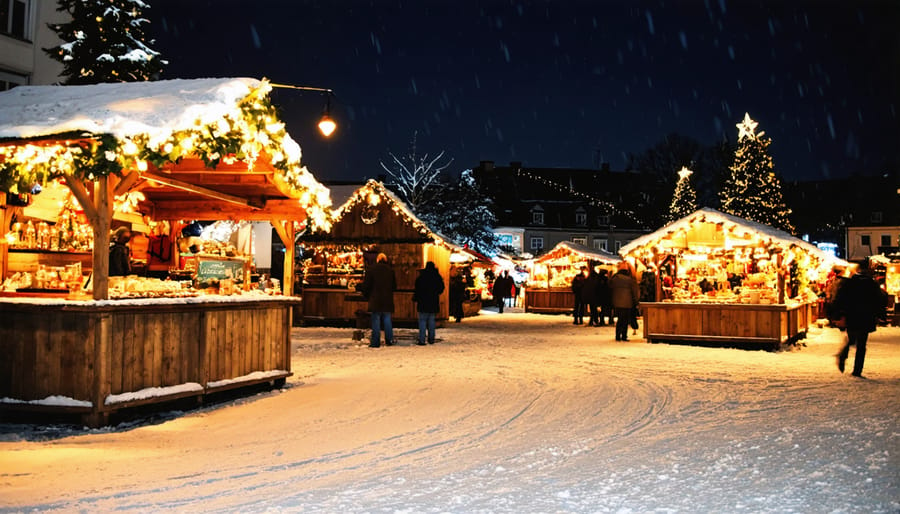 Illuminated Christmas market in Germany with traditional wooden stalls and festive decorations