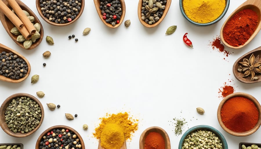 Overhead view of colorful spices, herbs, and family recipe cards from different cultures