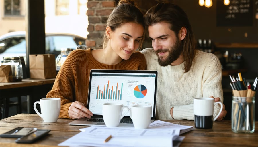 A couple in a cozy coffee shop, discussing their finances with a laptop and documents, embodying collaboration and financial harmony.