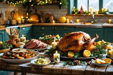 A rustic kitchen table laden with a golden-brown roasted turkey, glazed ham, and traditional holiday side dishes, decorated with seasonal herbs and citrus, capturing the warmth and nostalgia of holiday cooking.