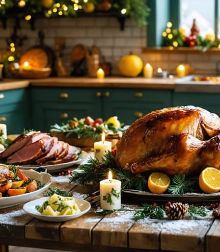 A rustic kitchen table laden with a golden-brown roasted turkey, glazed ham, and traditional holiday side dishes, decorated with seasonal herbs and citrus, capturing the warmth and nostalgia of holiday cooking.