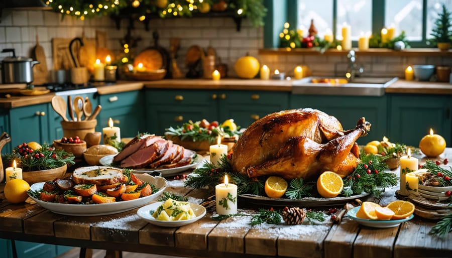 A rustic kitchen table laden with a golden-brown roasted turkey, glazed ham, and traditional holiday side dishes, decorated with seasonal herbs and citrus, capturing the warmth and nostalgia of holiday cooking.