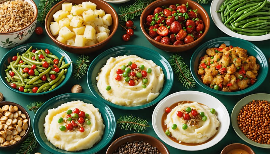 Array of holiday side dishes including creamy mashed potatoes, green bean casserole, and homemade stuffing on decorated table