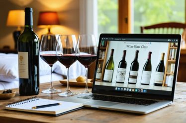 Cozy home wine tasting setup with a laptop showing an online course, surrounded by wine glasses, a red wine bottle, and a notebook in a softly lit environment.