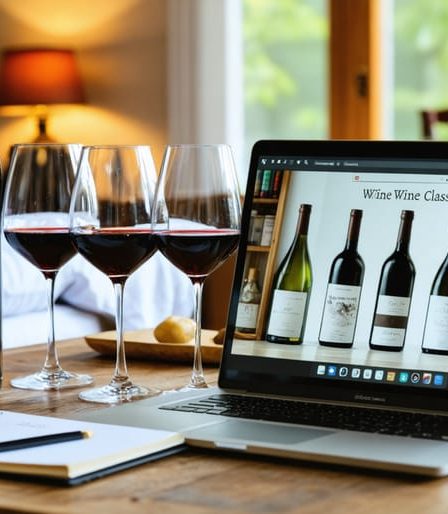 Cozy home wine tasting setup with a laptop showing an online course, surrounded by wine glasses, a red wine bottle, and a notebook in a softly lit environment.