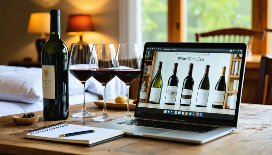 Cozy home wine tasting setup with a laptop showing an online course, surrounded by wine glasses, a red wine bottle, and a notebook in a softly lit environment.