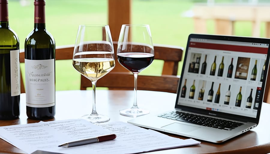 Home wine tasting workspace with proper glassware, notebook, and online course displayed on laptop