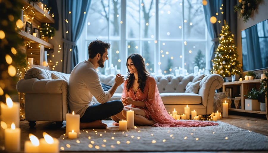 Man proposing to woman in a romantically decorated home setting with soft lighting