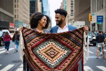 A diverse couple standing together while holding an intricate, colorful tapestry symbolizing the complexities and uniqueness of modern marriage.