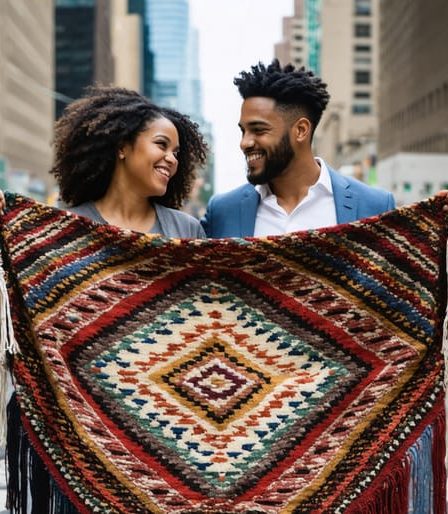 A diverse couple standing together while holding an intricate, colorful tapestry symbolizing the complexities and uniqueness of modern marriage.